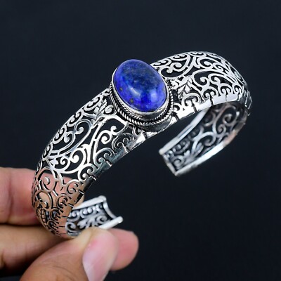 Lapis Lazuli Gemstone Handmade 925 Sterling Silver Open Cuff Bangle Adjustable