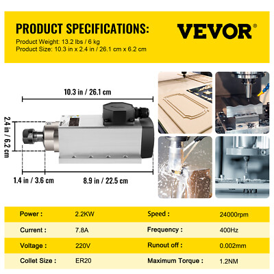 VEVOR Square Air Cooled Spindle Motor 2.2KW CNC Spindle Motor 220V ER20 Collet