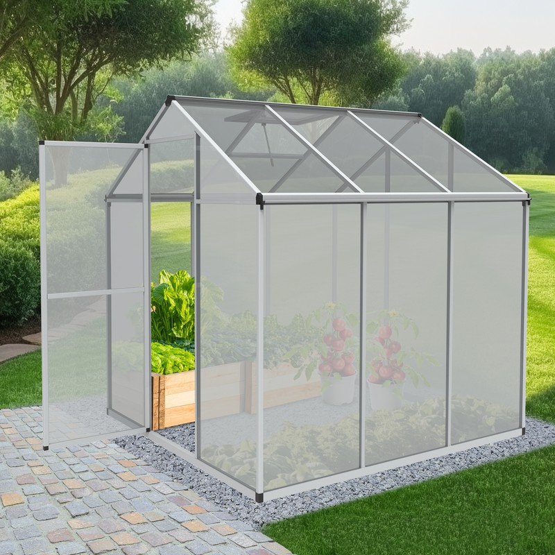Gewächshaus Aluminium Glas ohne Fundament mit Regenrinnen 195cm 4mm Polycarbonat