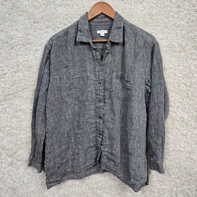 J.Jill Love Linen Shirt Women Medium Grey 100% Linen Button Down Relaxed Boho