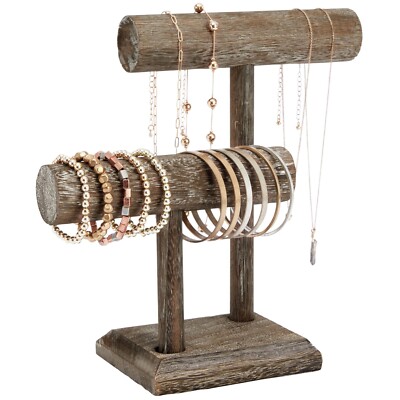 Rustic-Style 2-Tier Jewelry Organizer Stand, Wooden T-Bar Jewelry Holder, 8x4x9