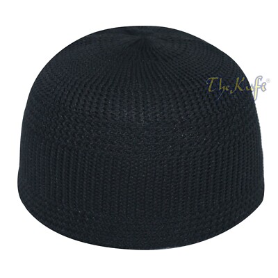Muslim Prayer Kufi Skull Cap Black Open-weave Nylon Knit Stretch Islamic Taqiyah