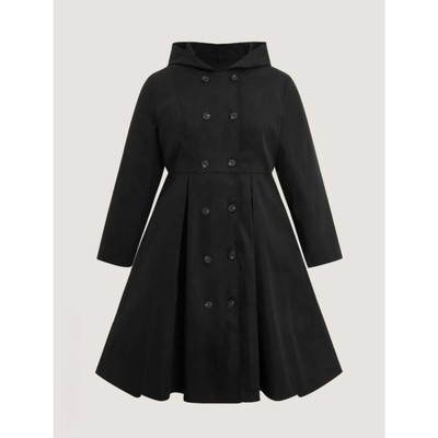 20W Black Double Breasted Pleated Hooded Coat by SHEIN
