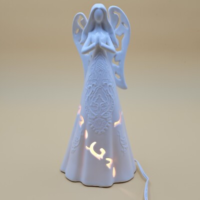 White Lace Cutout Praying Angel Ceramic Light-Up 12'' T Holiday Christmas Napco