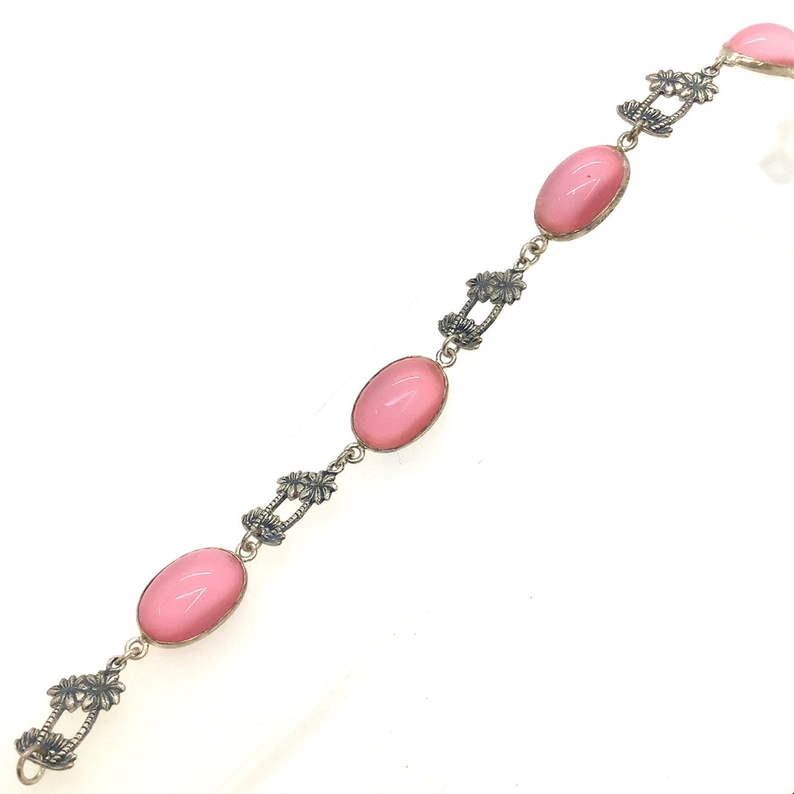 Vintage Signed Sterling Oval Pink Glass Cabochon Palm Tree Panel Link Bracelet 7