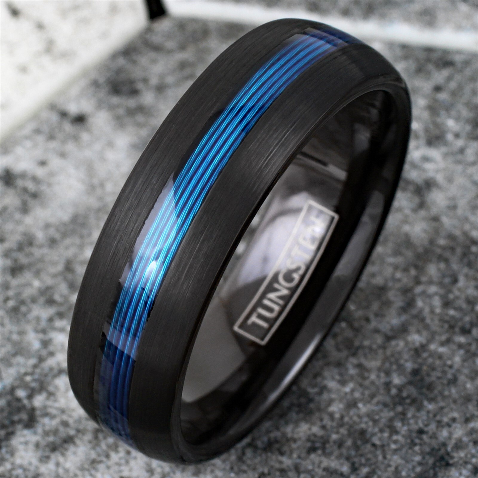 Tungsten Carbide Blue Fishing Line 7mm Brushed Band - Black or Rose Gold Plated