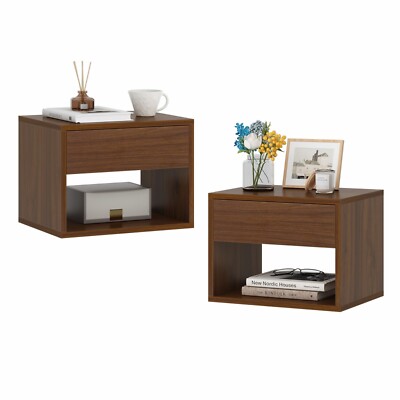  Set of 2 Wall-mounted Nightstand Floating Side Table with Drawer and Open Shelf