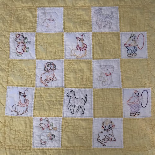 Vintage Yellow Baby Quilt  Hand Quilted Hand Embroidered Blanket Circus ANIMALS