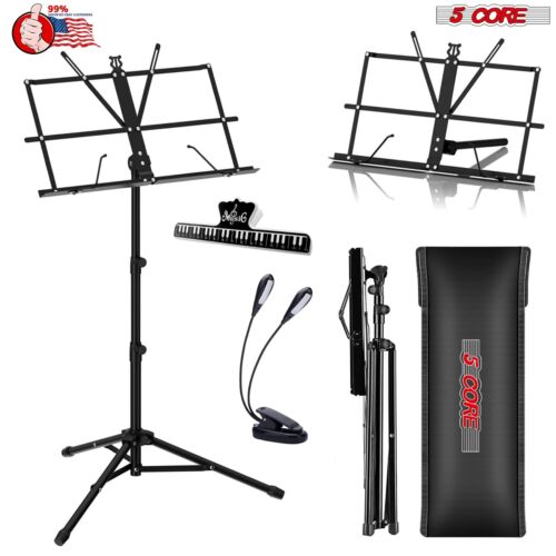 5Core Pro Folding Sheet Music Stand w/ Carrying Bag Music Clip & Reading  Light