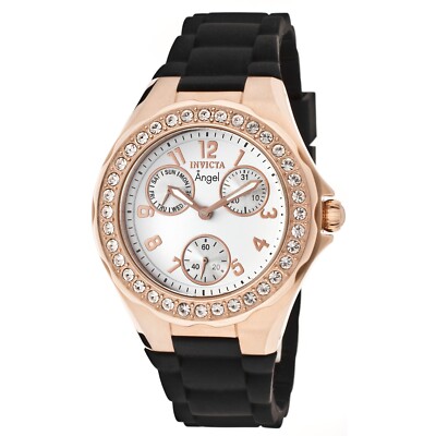 Invicta Women's 1645 Angel Crystal Accented Bezel White Dial Black Strap Watch