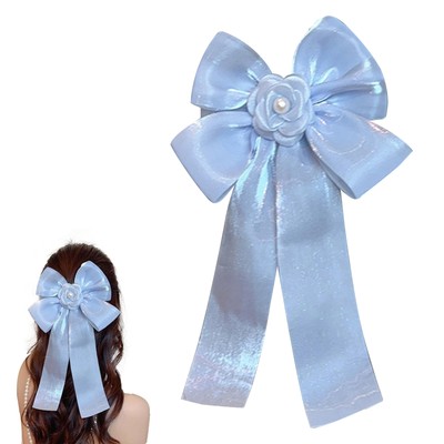 1-Pack Blue/Pink Floral Fabric Hair Bow Clip for Women and Girls Bows Claw Cl...