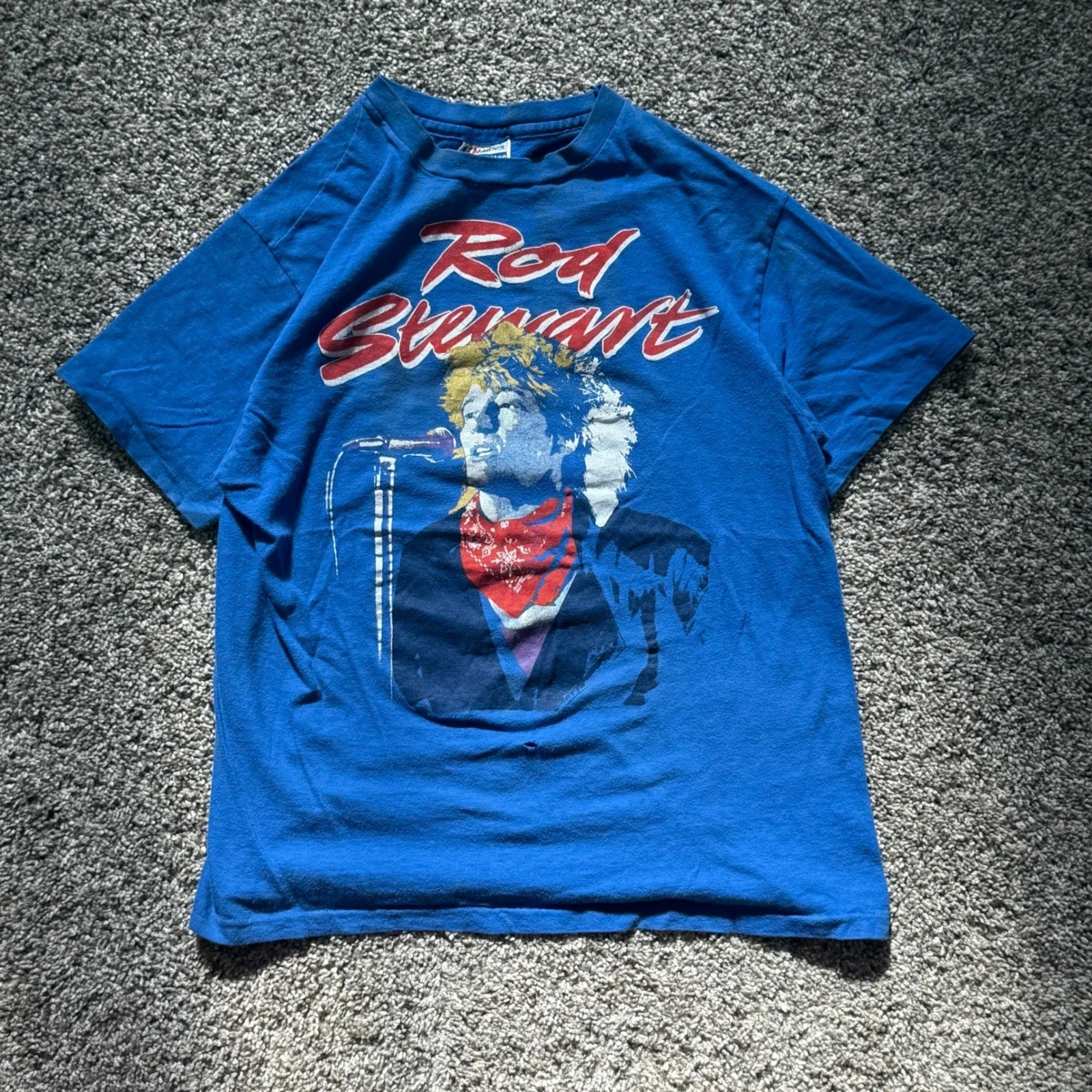 RARE VTG 1984 Rod Stewart Tour Band T-Shirt Hanes Blue Mens PA11811
