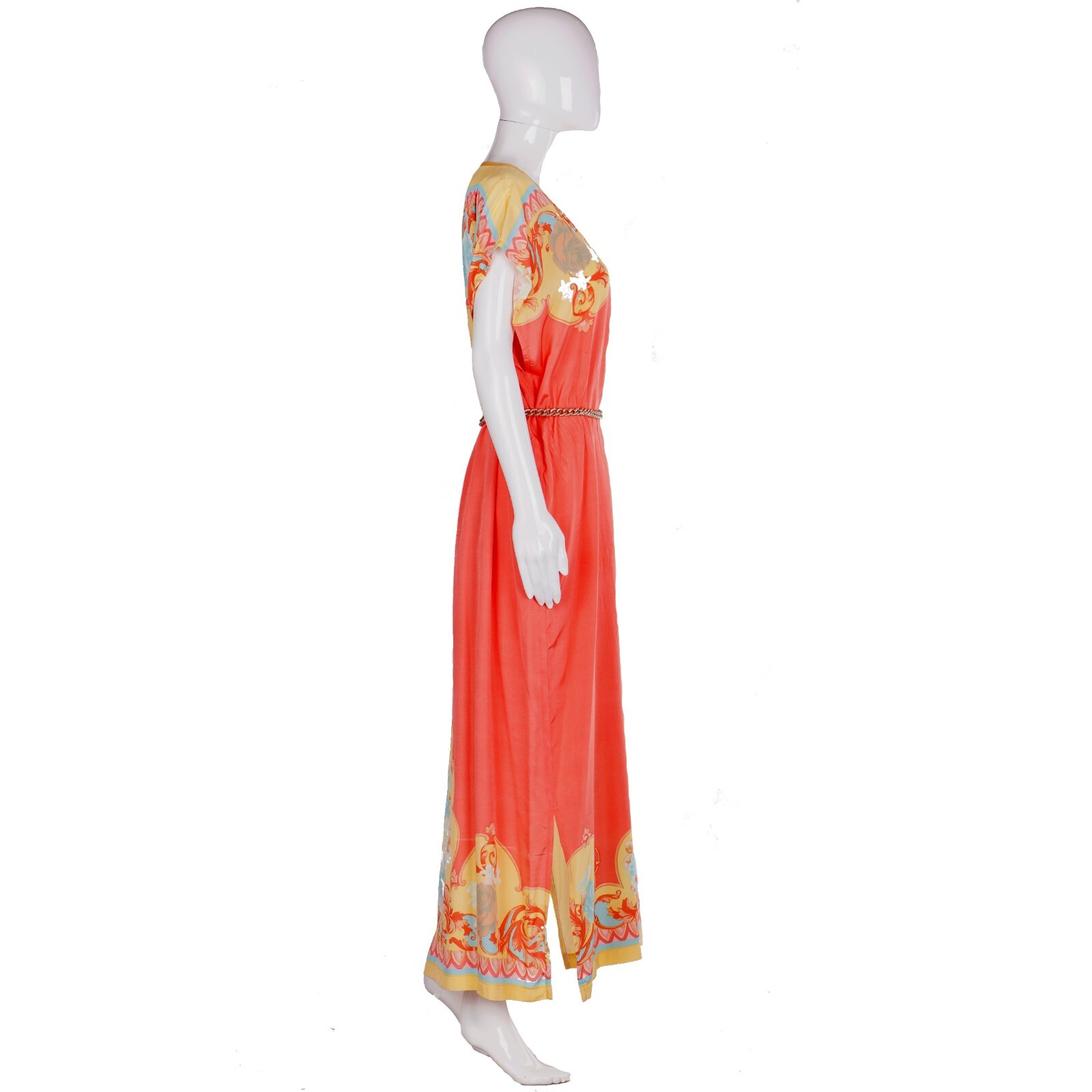 Pre-owned Curvy Couture Women Clothing Summer Griff  Long Dress Kaftan Roses Chiffon Salmon In Pink