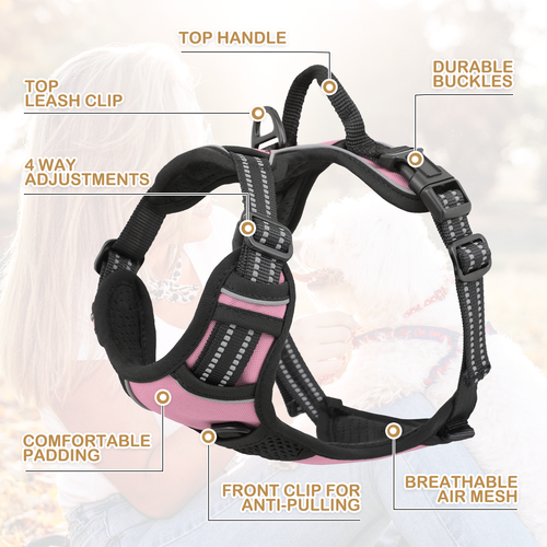 Pink Durable Reflective Pet Dog Harness w/ Handle No Pull for Confident Control