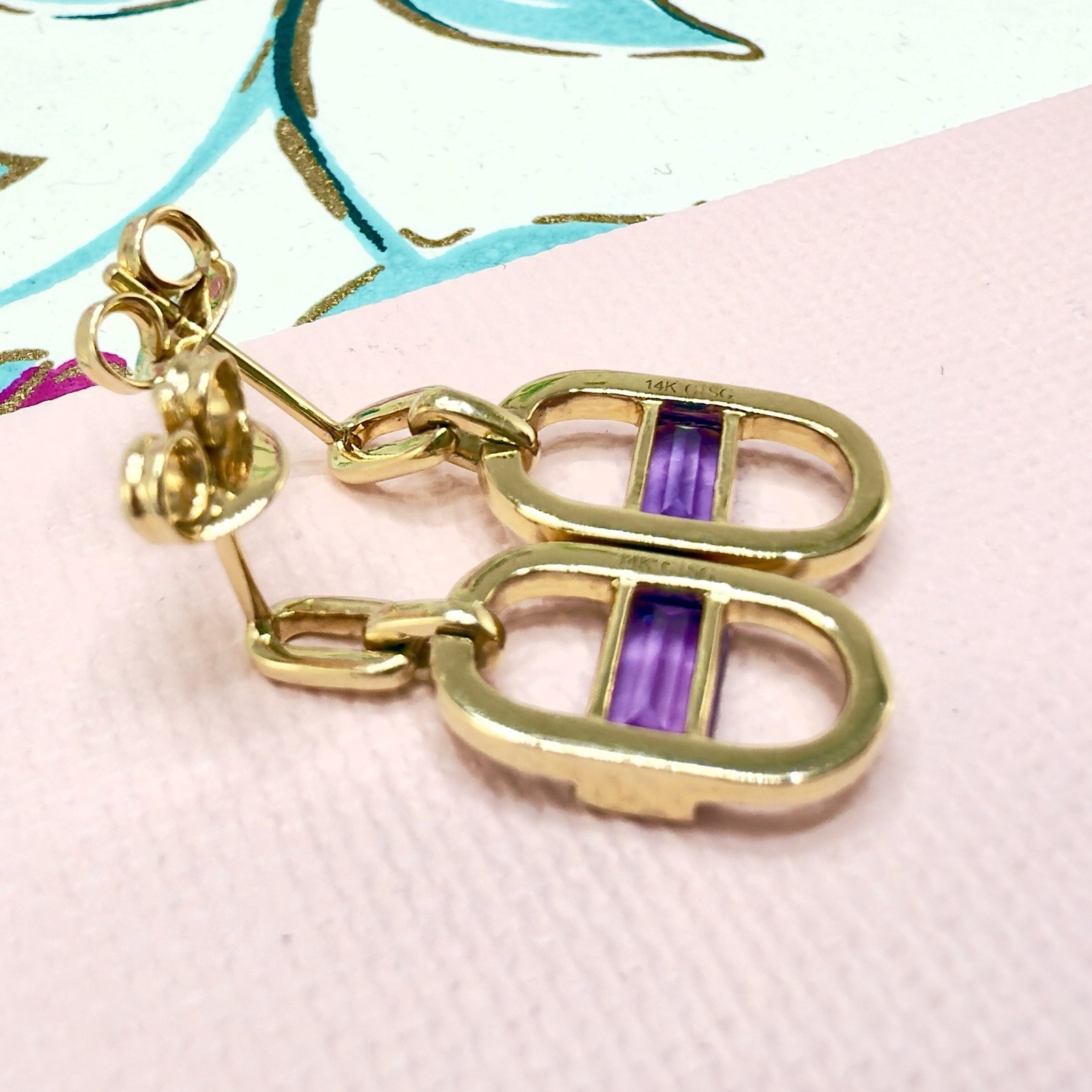 14k Yelow Gold Genuine Amethyst & Diamond Monernist Dangle Earrings, New - Picture 9 of 11