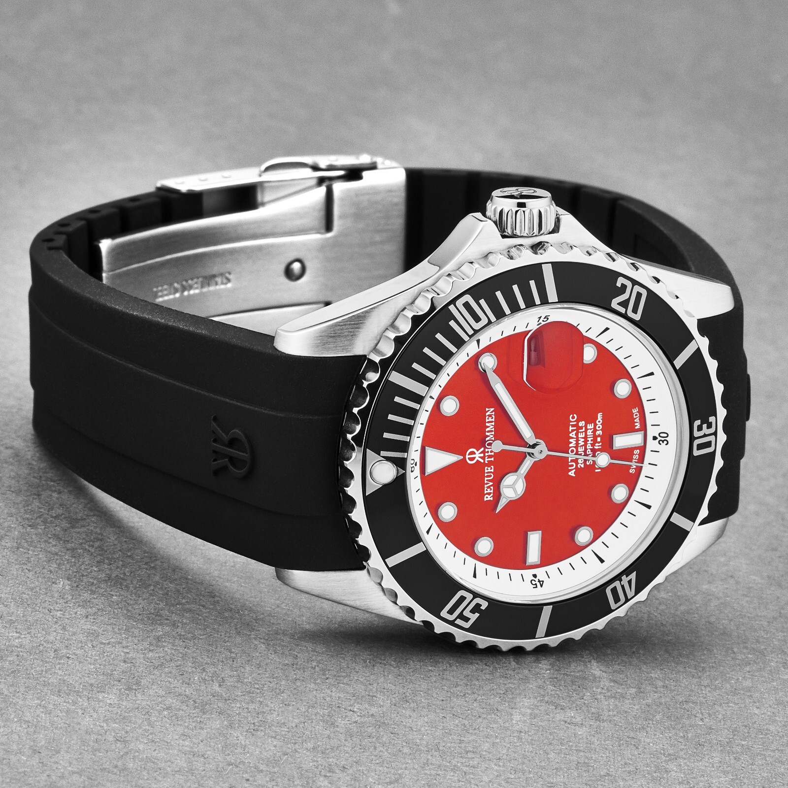 Pre-owned Revue Thommen 's Men's Diver Red Dial Rubber Strap Automatic Watch 17571.2338