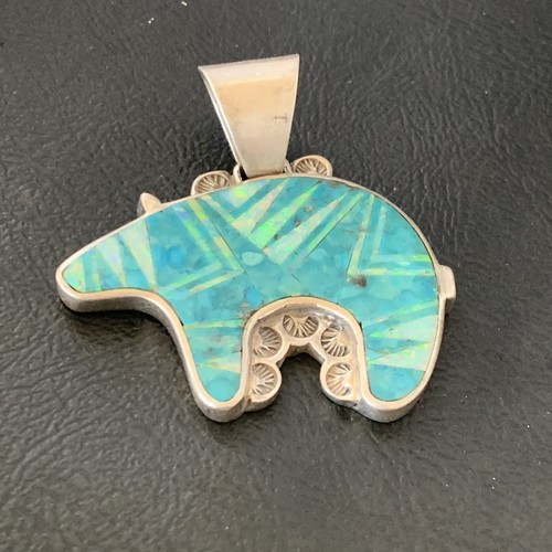 Pre-owned Handmade Mens Blue Turquoise & Opal Bear Navajo Sterling Silver Inlay Pendant 12602