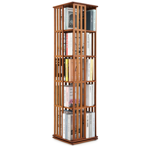 5 Tiers Brown Bamboo Rotating Bookshelf Open Shelving Storage Rack Freestanding