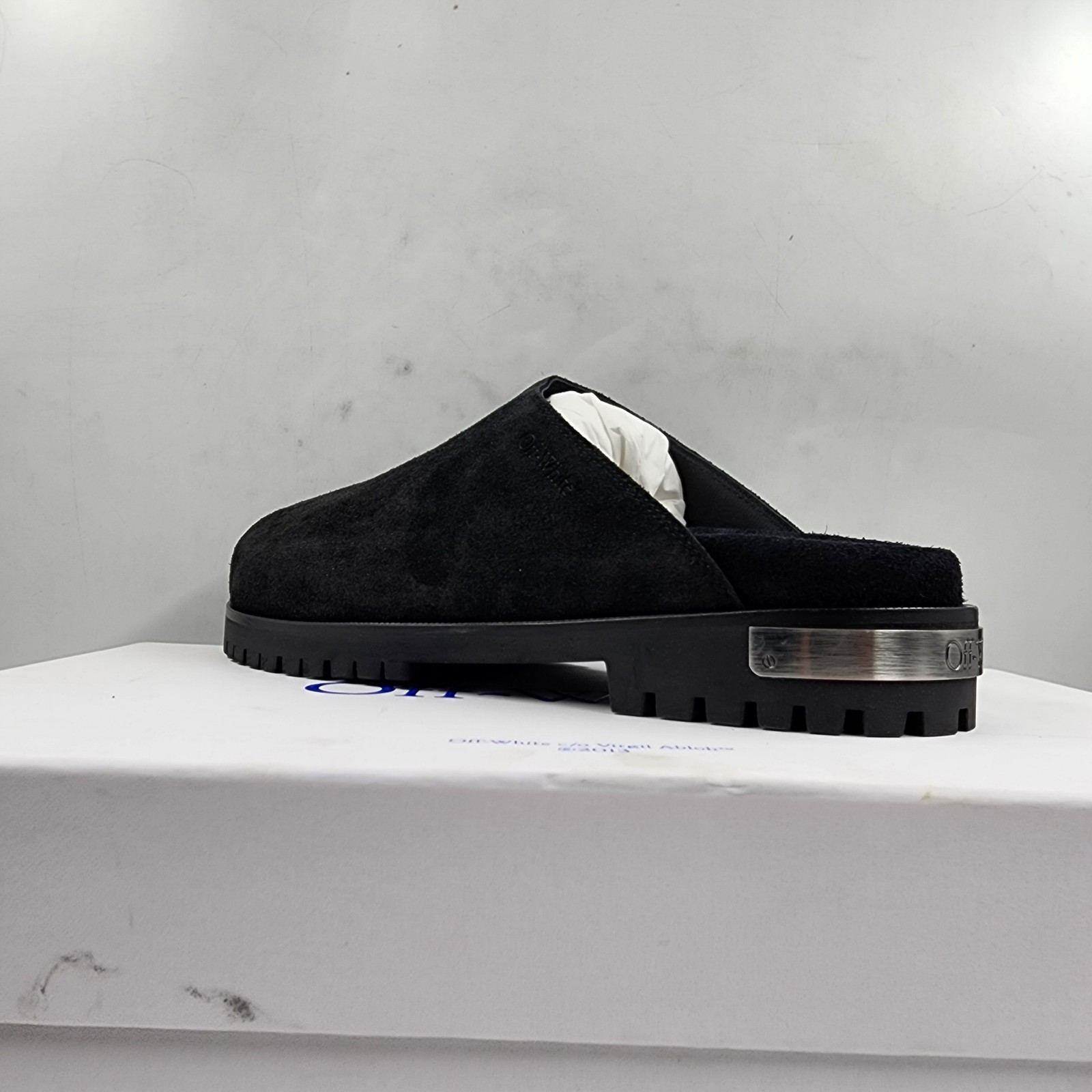 Off-White Metal Logo Slip On Mules Men's 41/8US Black/Silver Heel Embossed logo - Picture 16 of 22