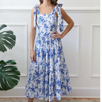 Mille Daphne Blue Bouquet Floral Midi Dress Sz S | eBay