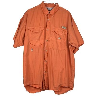 Columbia PFG Shirt Mens Large Orange Short Sleeve Fishing Hiking Pockets