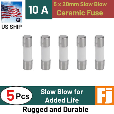 5 Pcs  Slow-Blow Fuse 10A 250V Ceramic Fuses 5 x 20 mm (10 amp) | US Ship