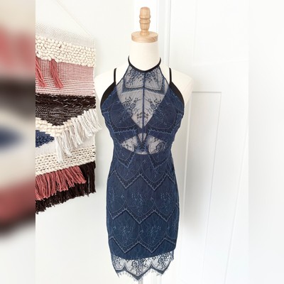 Free People Nothing Like This Lace Open Back Mini Dress Blue Size 2