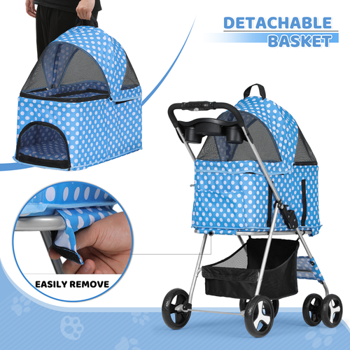 4 Wheels Foldable Pet Stroller Dog Stroller w/Removable Travel Carrier&Cup Hold