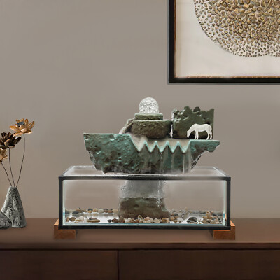 NEW Indoor Resin Glass Fish Tank Fountain Waterfall Feng Shui Desktop Decoration