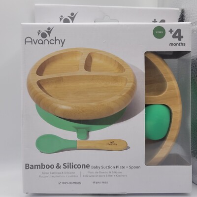 Avanchy Bamboo Baby Suction Divided Plate and Spoon - Green - Ages 4 Months+