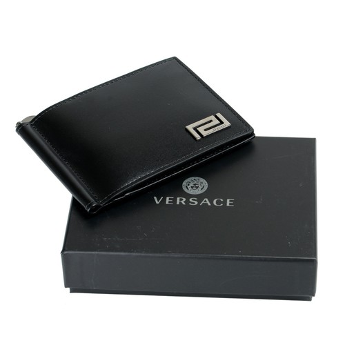 Pre-owned Versace Men's 100% Leather Black Money Clip Wallet