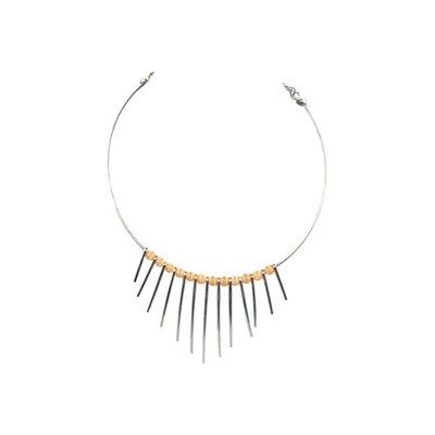Modernist Silver Tone Fringe Bar Necklace Peach Bead Statement Collar Adjustable