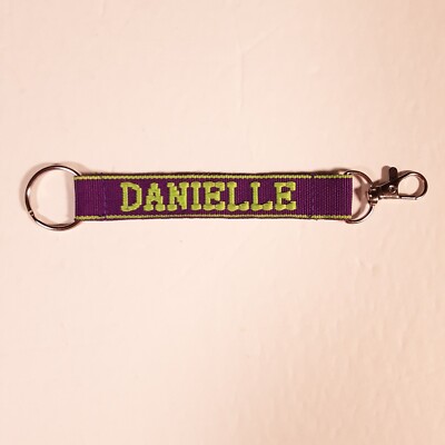 DANIELLE Embroidered Name Strap Key Ring Keychain with Clasp Purple & Green