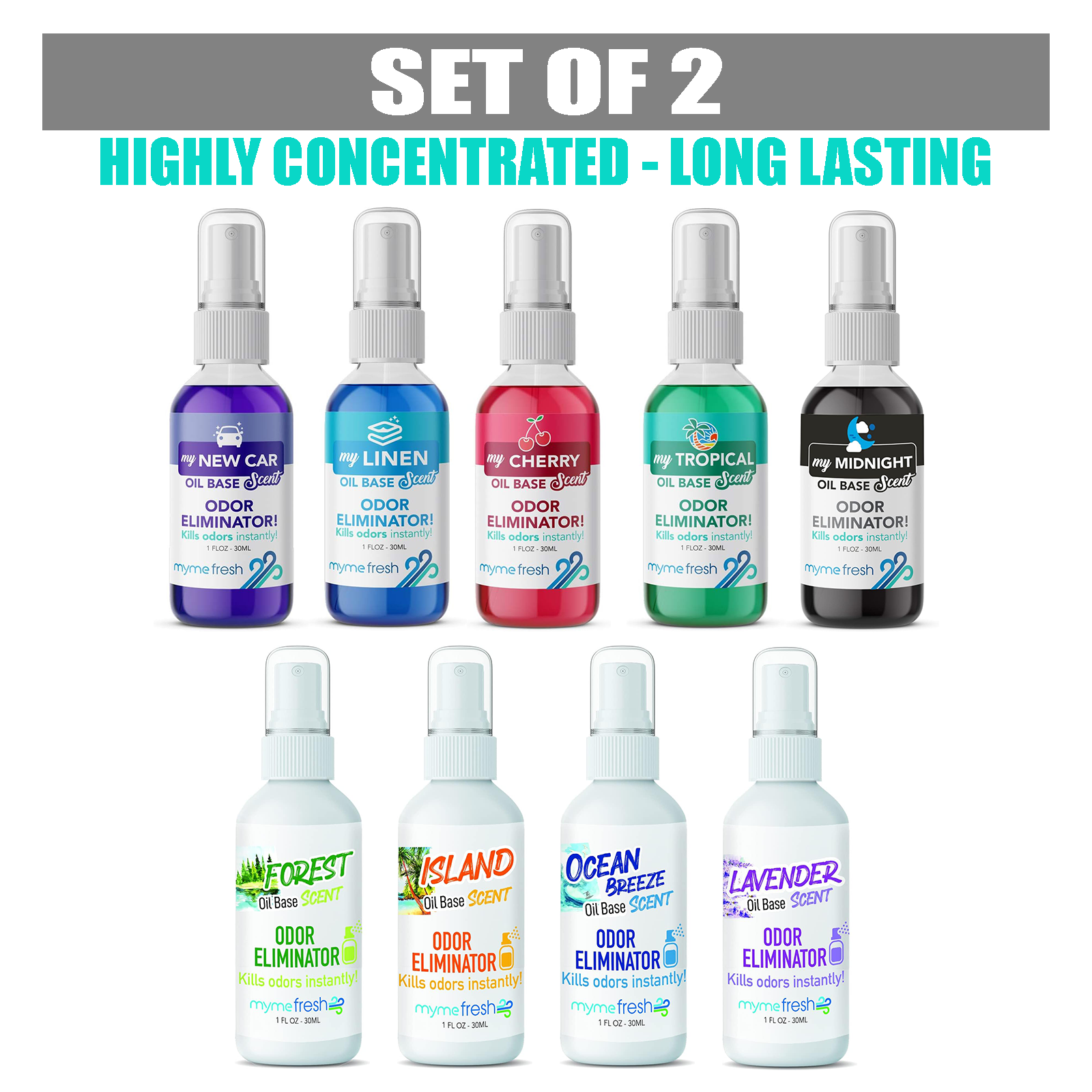 2x Car Air Freshener Odour Eliminator Tough on Bad Smells Pack Spray MyMe Fresh