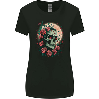 Death at Moon Skull With Roses at Night Gothic Womens Wider Cut T-Shirt