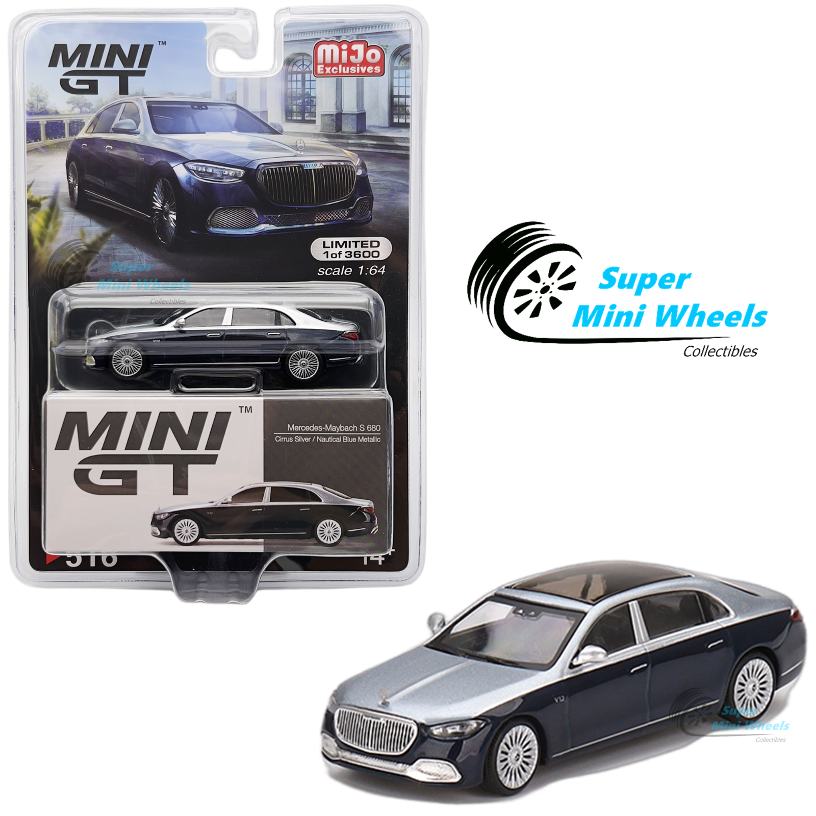 Mini GT 1:64 Mercedes-Maybach S680 Cirrus Silver / Nautical