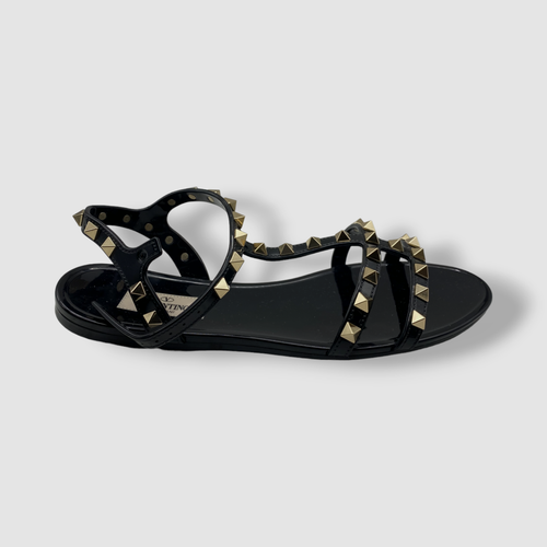 $550 Valentino Garavani Women Black Rockstud T-Strap Flat
