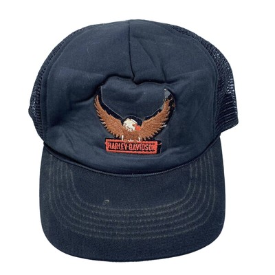 Vtg Harley Davidson Eagle Patch Snapback Mesh Trucker Hat Cap Black Broken