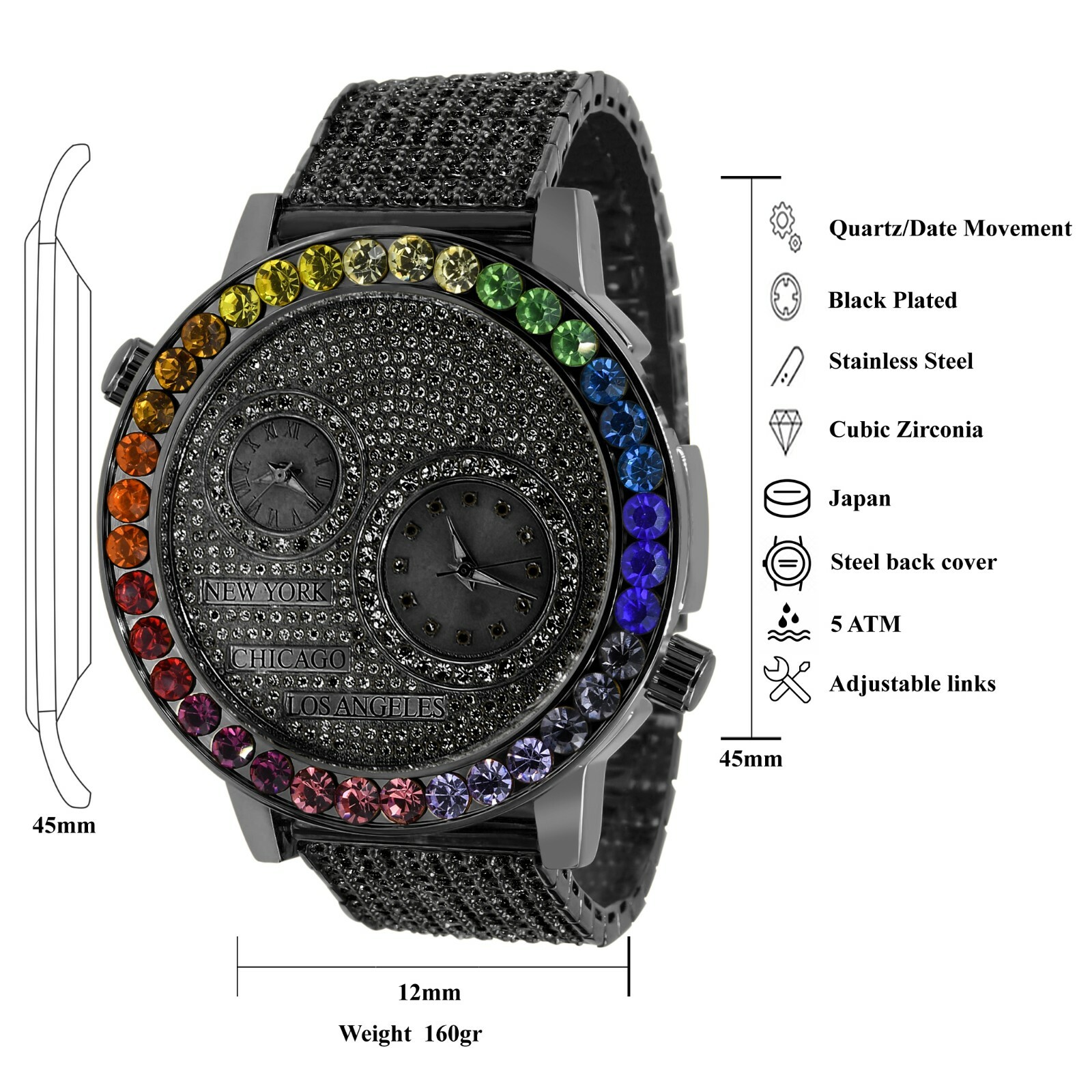Pre-owned Ice Master 2 Time Zone Black Gold Rainbow Bezel Chronograph Solitaire Diamond Dial Watch