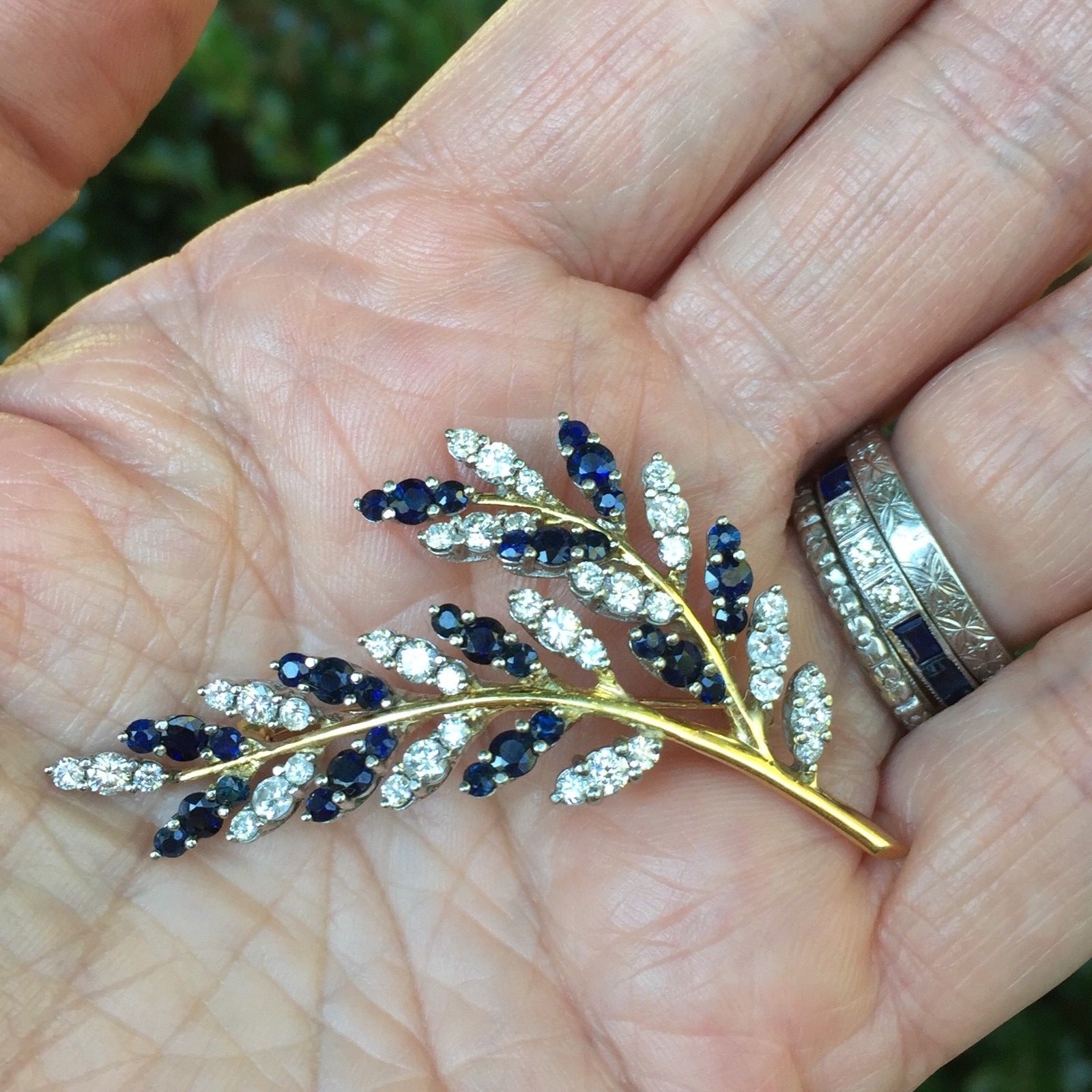 Magnificent 18K Gold Diamond and Sapphire Brooch Leaf Branch
