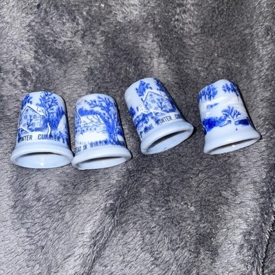 Four Delft Blue Porcelain Thimbles Vintage Collectible Bundle