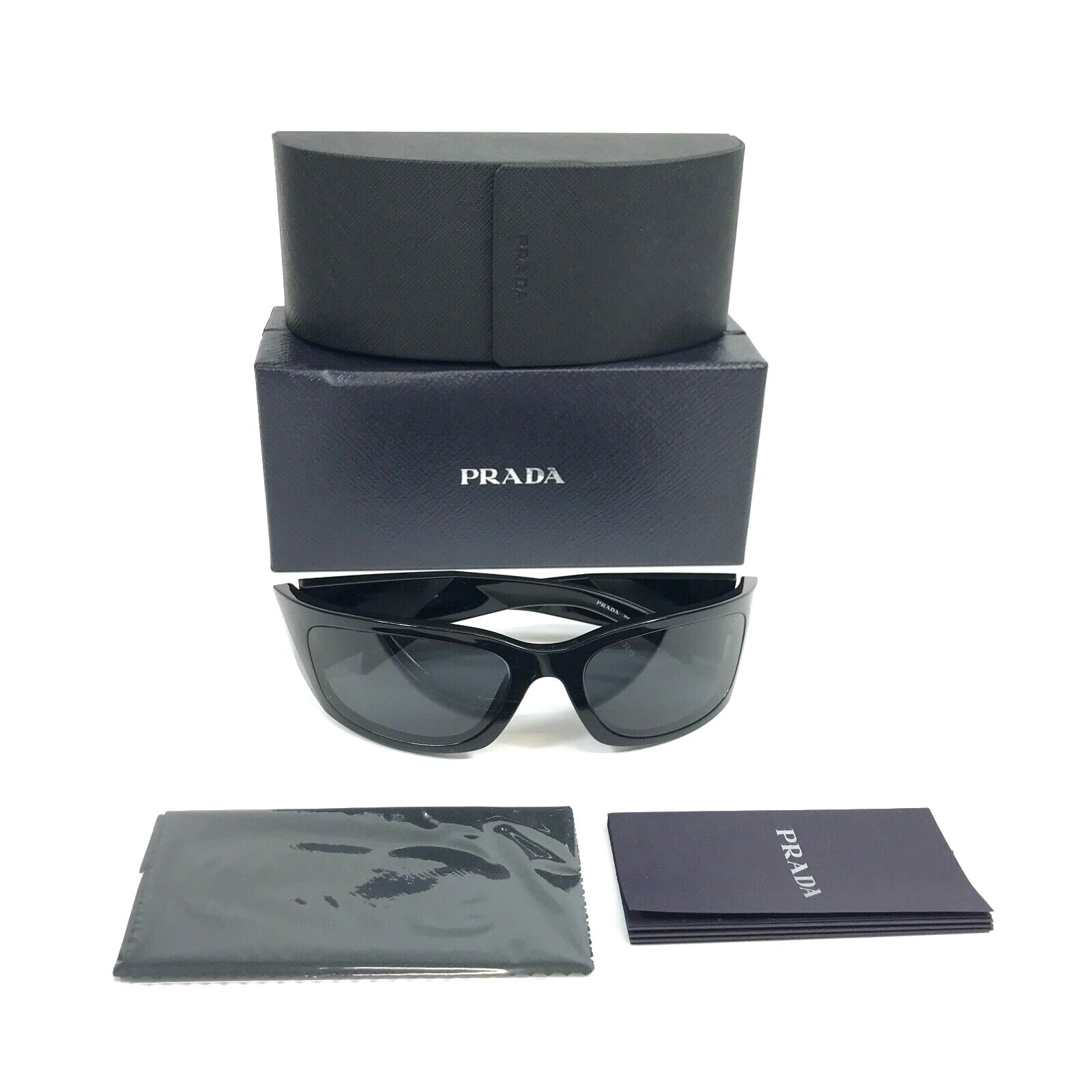 Pre-owned Prada Sunglasses Spra14 1ab-5s0 Polished Black Wrap With Black Lenses 60-18-120
