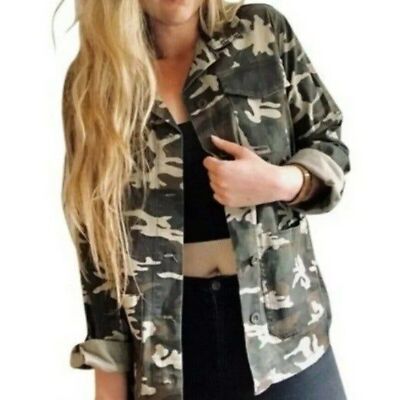 Sanctuary Large Rip Stop Camo Utility Jacket-Shacket-Pockets-Unlined-Round Hem