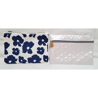 Lot of 2 Ipsy Zippered Cosmetic Bags - Blue Floral Print/White Geometric Design