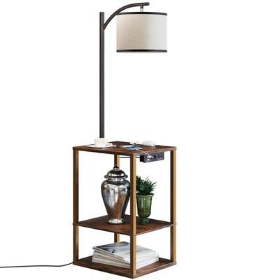 Rustic End Table Lamp with Table, Shelves, Charging Station(USB & AC Port) 3-...