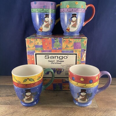 4 Sango SWEET SHOPPE CHRISTMAS SNOWMAN 4 1/2'' FOOTED MUGS  NIB