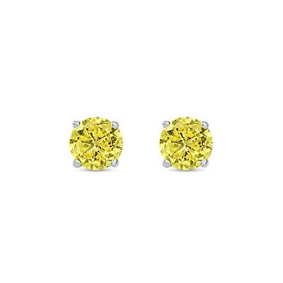 Pre-owned Shine Brite With A Diamond 1.50 Ct Round Cut Canary Earrings Studs Solid 18k White Gold Push Back Basket