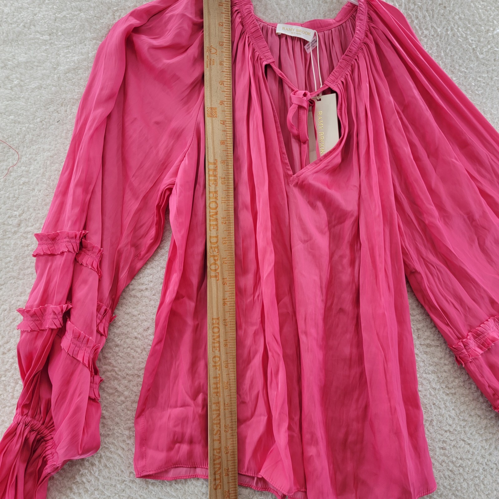Ramy Brook Maty Balloon Sleeve Top Women's S Bright Pink V-Neck w/ Tie Pullover~ - Picture 7 of 12