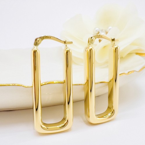 14k Yellow Gold Thick Rectangular Hoop Earrings, New, 1.30