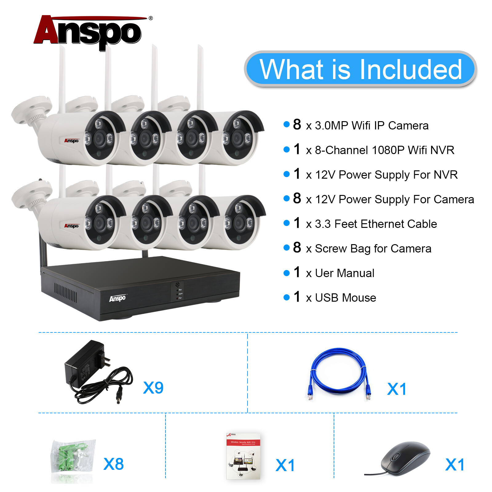 Anspo 3MP 8CH NVR 8 2MP HD IP Outdoor Wireless Security Camera System 1TB HDD